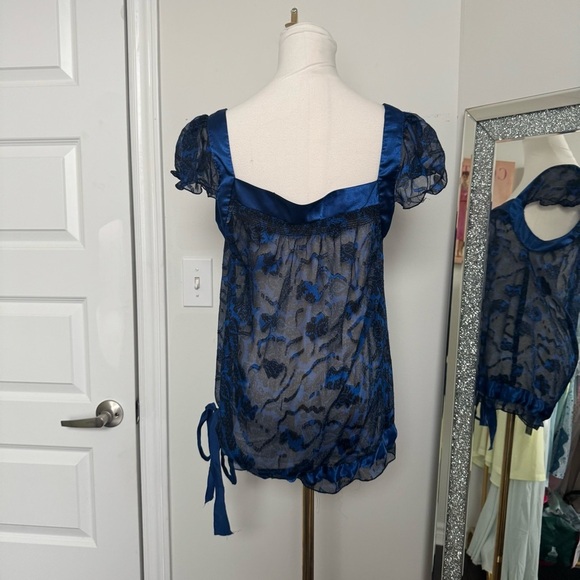 Y2K Blue Floral Women's Top L coquette whimsigoth glam fairy - Picture 7 of 8